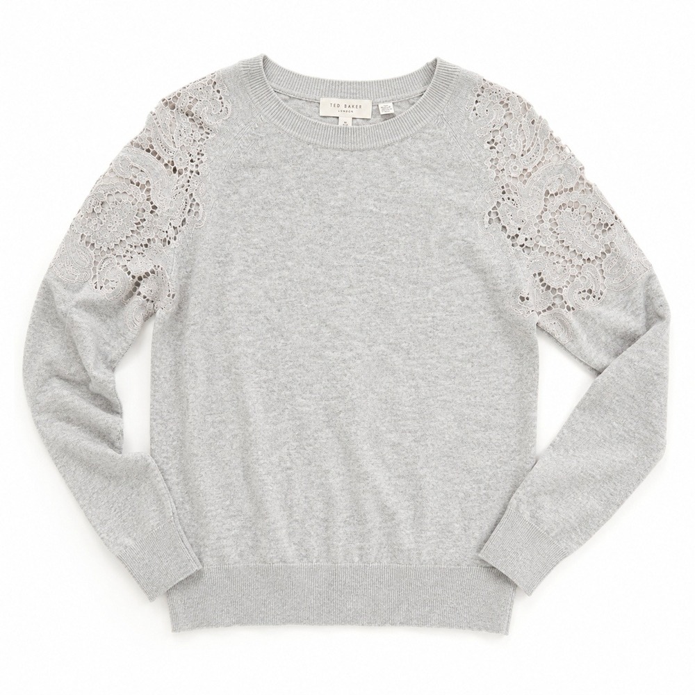 Ted Baker Tae Floral Lace Shoulder Cashmere Merino Sweater Womens 4/L Gray Lux